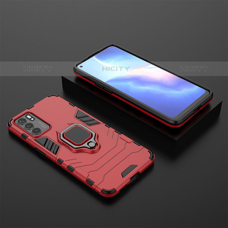 Funda Bumper Silicona y Plastico Mate Carcasa con Magnetico Anillo de dedo Soporte S02 para Oppo Reno6 5G Rojo