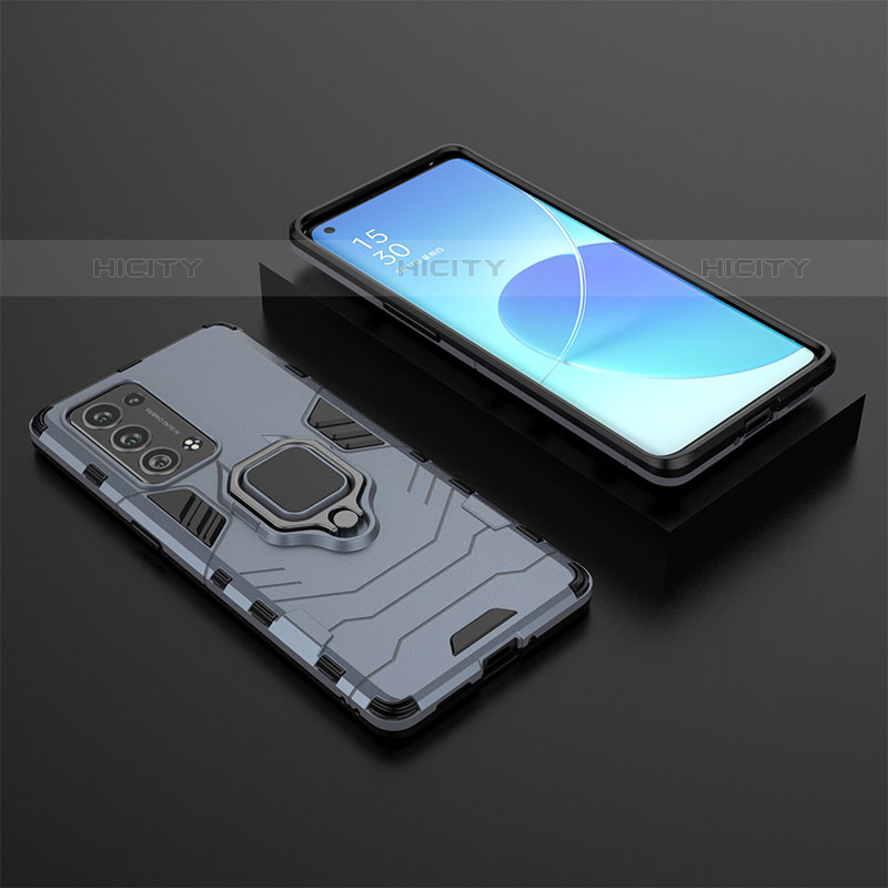 Funda Bumper Silicona y Plastico Mate Carcasa con Magnetico Anillo de dedo Soporte S02 para Oppo Reno6 Pro 5G Azul