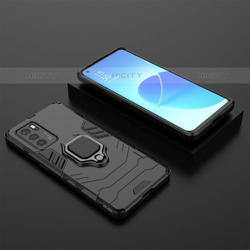 Funda Bumper Silicona y Plastico Mate Carcasa con Magnetico Anillo de dedo Soporte S02 para Oppo Reno6 Pro 5G India Negro