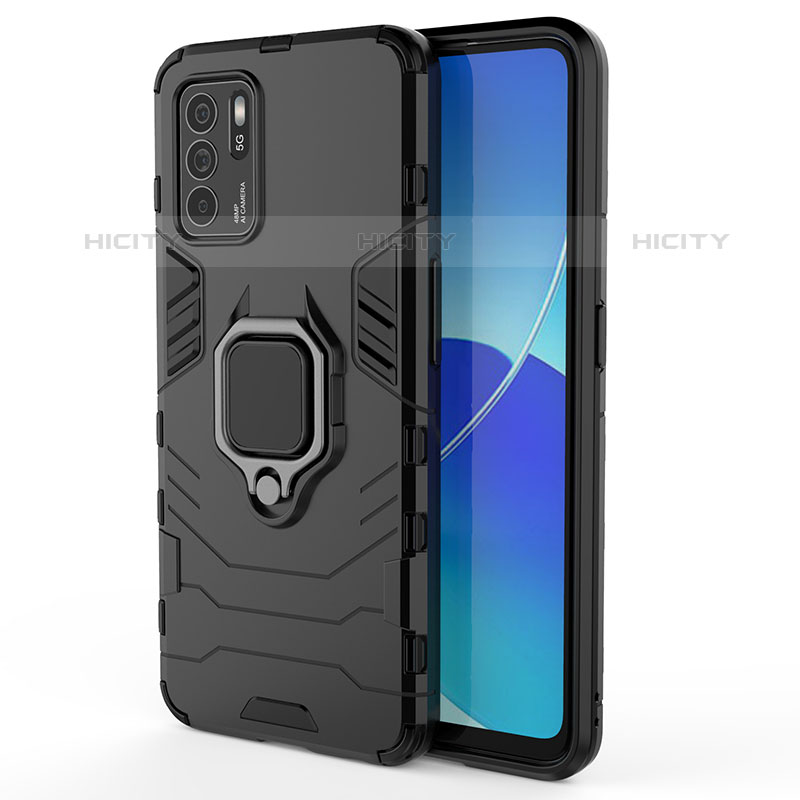 Funda Bumper Silicona y Plastico Mate Carcasa con Magnetico Anillo de dedo Soporte S02 para Oppo Reno6 Z 5G Negro