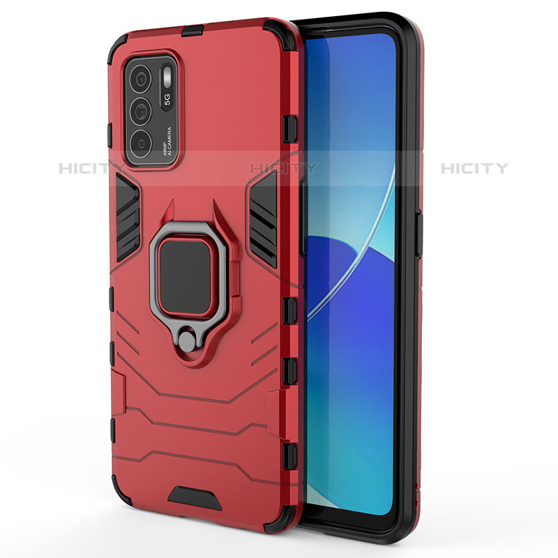 Funda Bumper Silicona y Plastico Mate Carcasa con Magnetico Anillo de dedo Soporte S02 para Oppo Reno6 Z 5G Rojo