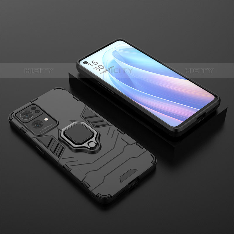 Funda Bumper Silicona y Plastico Mate Carcasa con Magnetico Anillo de dedo Soporte S02 para Oppo Reno7 Pro 5G Negro