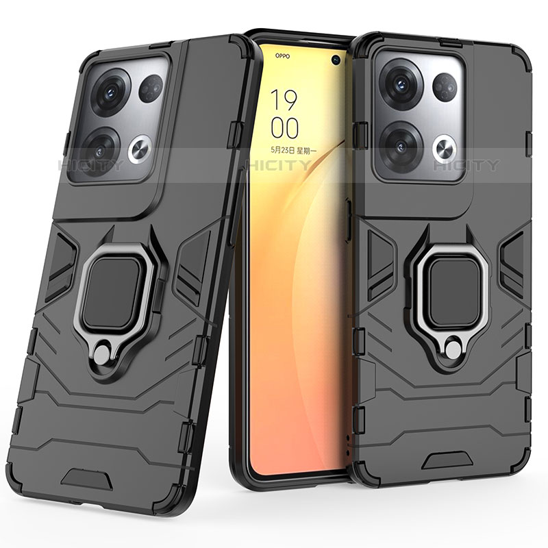 Funda Bumper Silicona y Plastico Mate Carcasa con Magnetico Anillo de dedo Soporte S02 para Oppo Reno8 Pro+ Plus 5G Negro