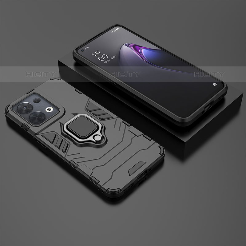 Funda Bumper Silicona y Plastico Mate Carcasa con Magnetico Anillo de dedo Soporte S02 para Oppo Reno9 5G Negro