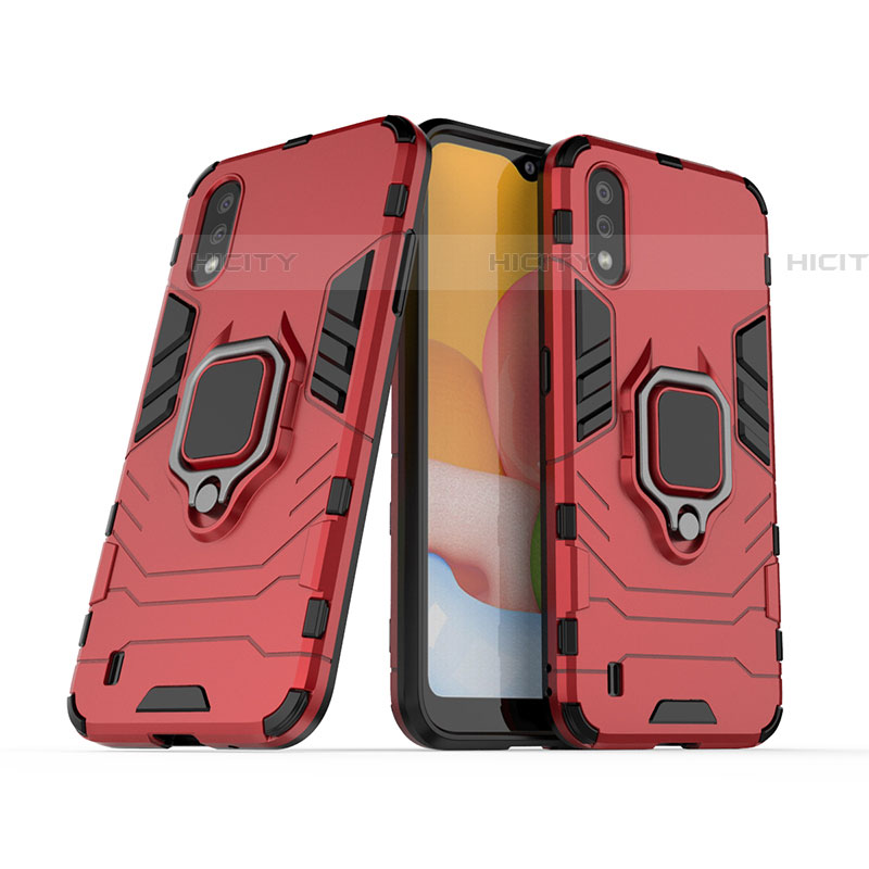 Funda Bumper Silicona y Plastico Mate Carcasa con Magnetico Anillo de dedo Soporte S02 para Samsung Galaxy A01 SM-A015 Rojo