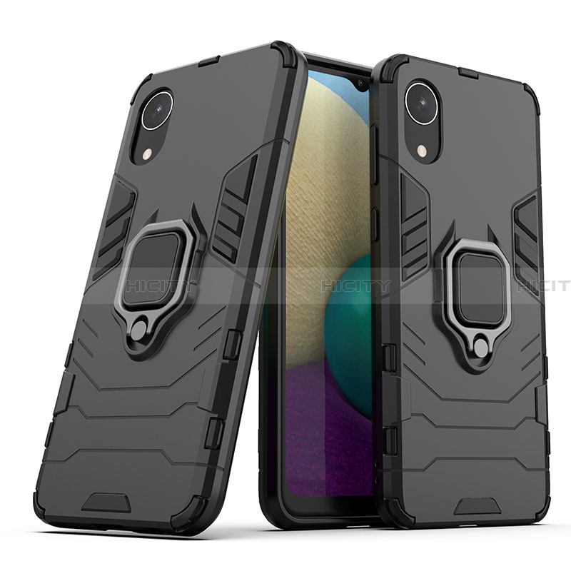 Funda Bumper Silicona y Plastico Mate Carcasa con Magnetico Anillo de dedo Soporte S02 para Samsung Galaxy A03 Core Negro