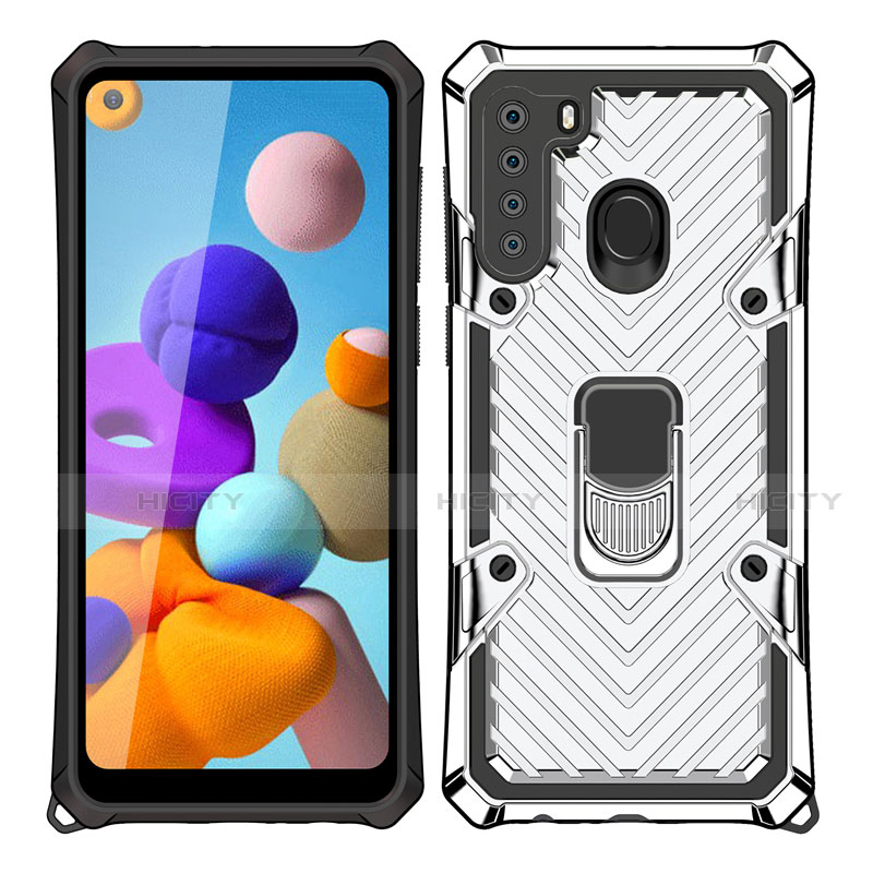 Funda Bumper Silicona y Plastico Mate Carcasa con Magnetico Anillo de dedo Soporte S02 para Samsung Galaxy A21 Plata