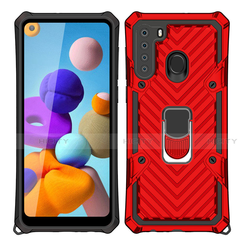 Funda Bumper Silicona y Plastico Mate Carcasa con Magnetico Anillo de dedo Soporte S02 para Samsung Galaxy A21 Rojo