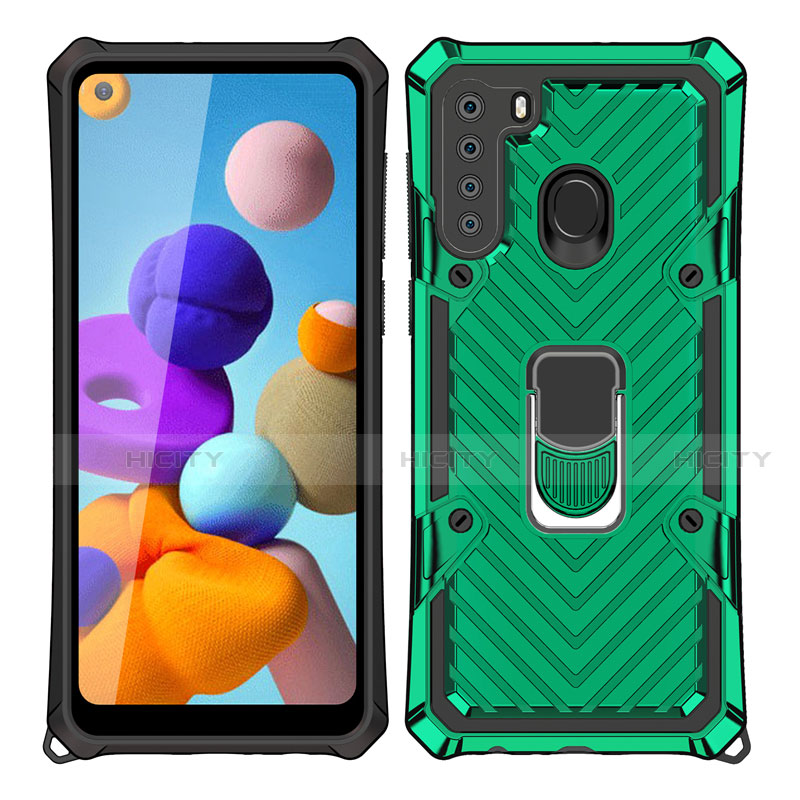 Funda Bumper Silicona y Plastico Mate Carcasa con Magnetico Anillo de dedo Soporte S02 para Samsung Galaxy A21 Verde