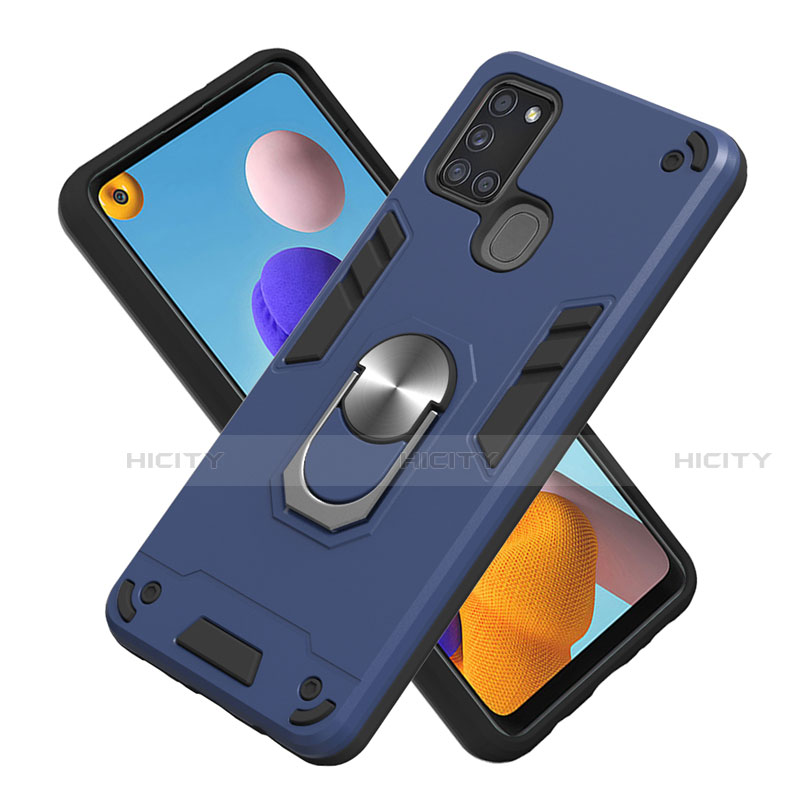 Funda Bumper Silicona y Plastico Mate Carcasa con Magnetico Anillo de dedo Soporte S02 para Samsung Galaxy A21s