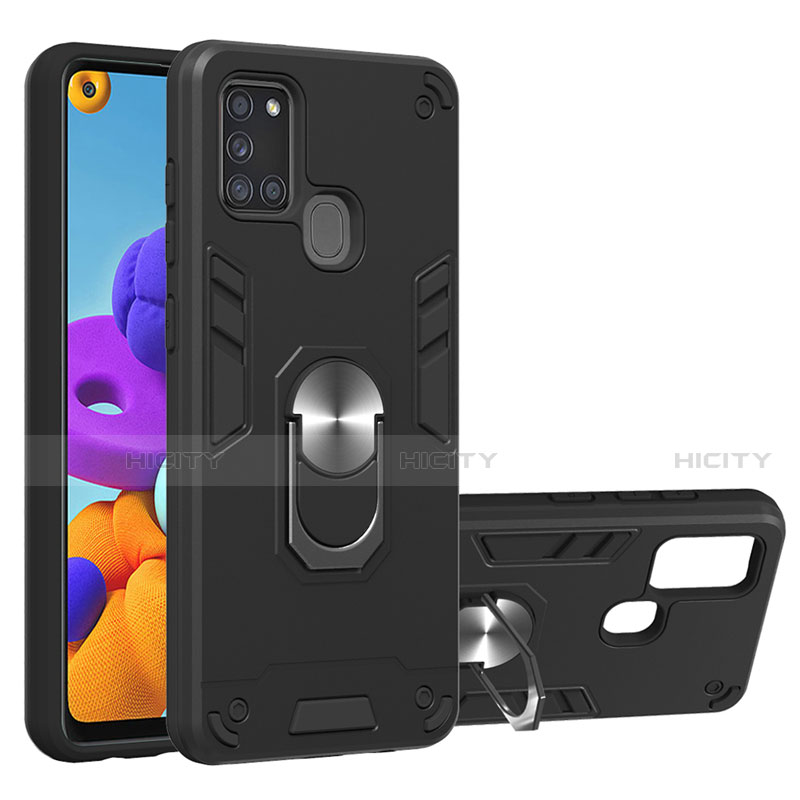 Funda Bumper Silicona y Plastico Mate Carcasa con Magnetico Anillo de dedo Soporte S02 para Samsung Galaxy A21s