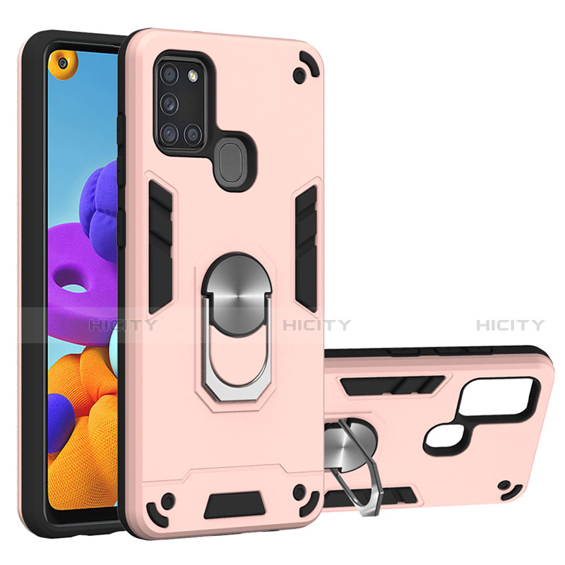 Funda Bumper Silicona y Plastico Mate Carcasa con Magnetico Anillo de dedo Soporte S02 para Samsung Galaxy A21s