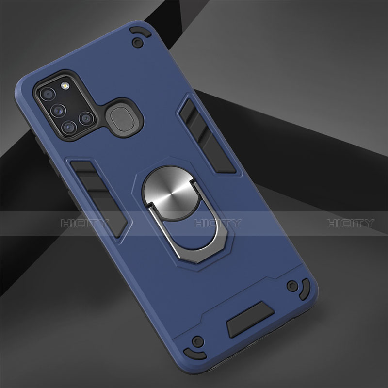 Funda Bumper Silicona y Plastico Mate Carcasa con Magnetico Anillo de dedo Soporte S02 para Samsung Galaxy A21s Azul