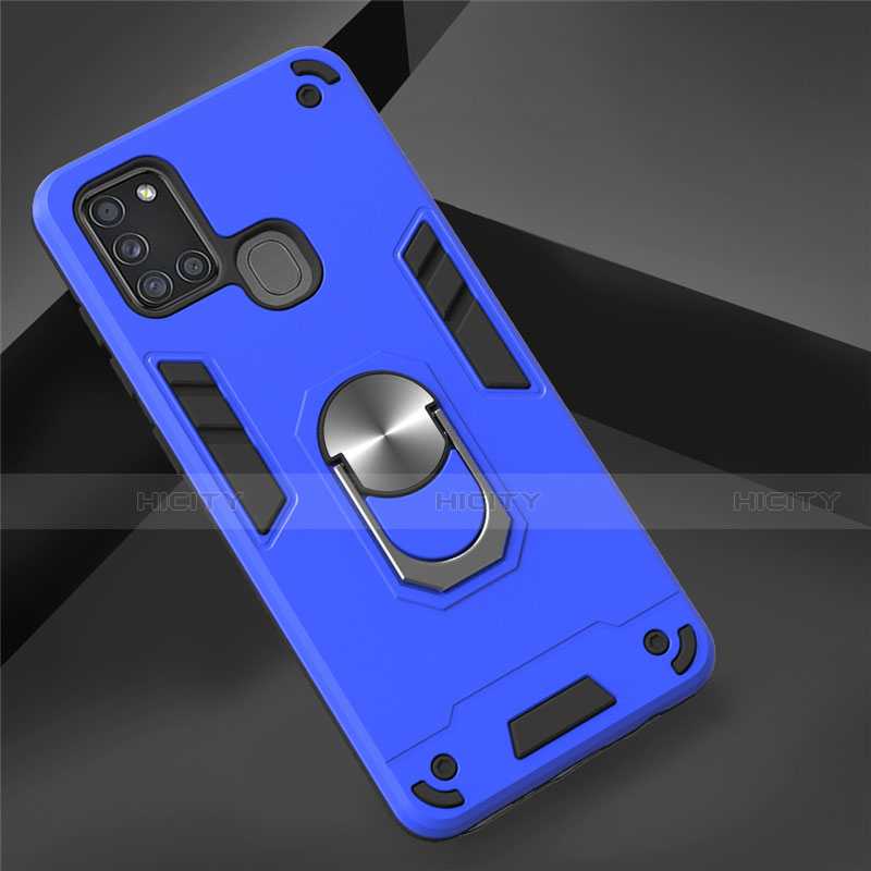 Funda Bumper Silicona y Plastico Mate Carcasa con Magnetico Anillo de dedo Soporte S02 para Samsung Galaxy A21s Azul Cielo