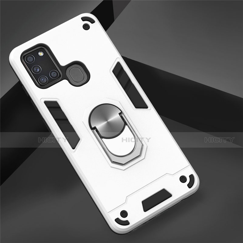 Funda Bumper Silicona y Plastico Mate Carcasa con Magnetico Anillo de dedo Soporte S02 para Samsung Galaxy A21s Blanco