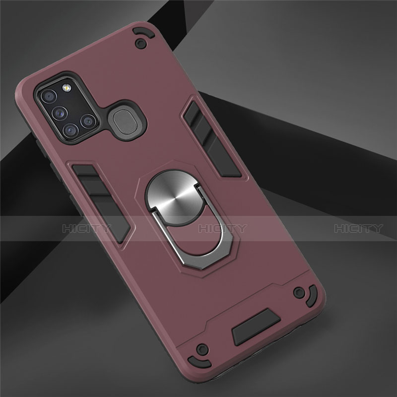 Funda Bumper Silicona y Plastico Mate Carcasa con Magnetico Anillo de dedo Soporte S02 para Samsung Galaxy A21s Rojo Rosa