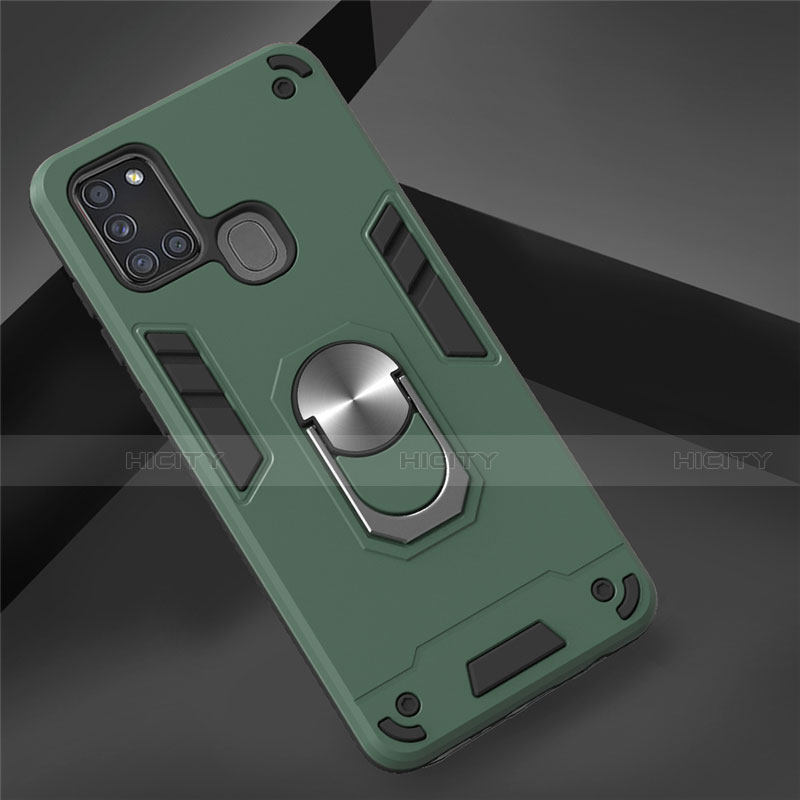 Funda Bumper Silicona y Plastico Mate Carcasa con Magnetico Anillo de dedo Soporte S02 para Samsung Galaxy A21s Verde