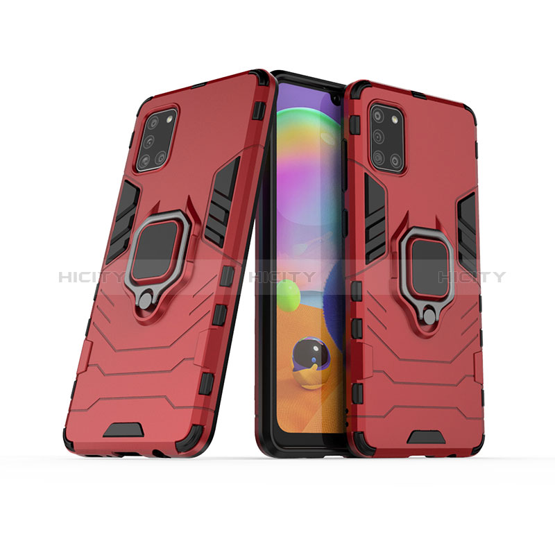 Funda Bumper Silicona y Plastico Mate Carcasa con Magnetico Anillo de dedo Soporte S02 para Samsung Galaxy A31 Rojo