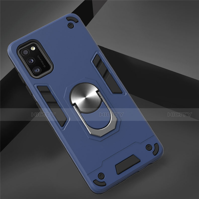 Funda Bumper Silicona y Plastico Mate Carcasa con Magnetico Anillo de dedo Soporte S02 para Samsung Galaxy A41 Azul