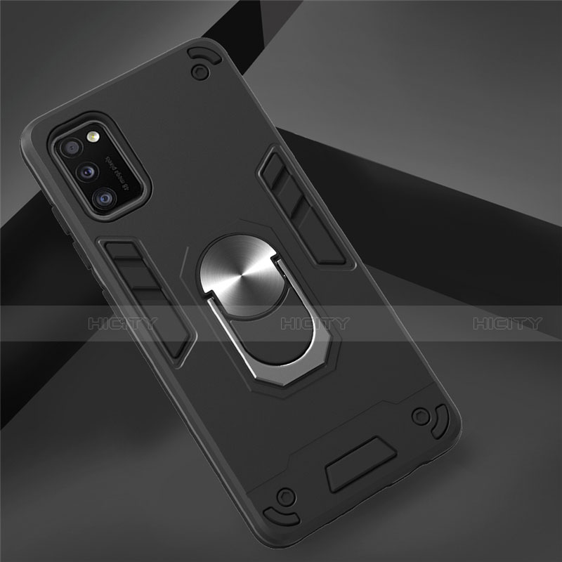 Funda Bumper Silicona y Plastico Mate Carcasa con Magnetico Anillo de dedo Soporte S02 para Samsung Galaxy A41 Negro