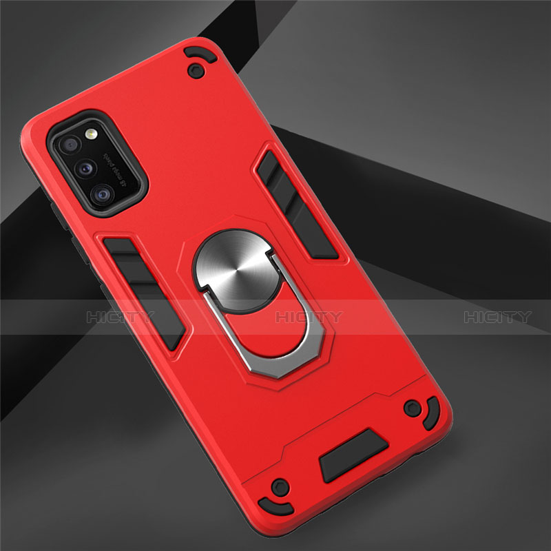 Funda Bumper Silicona y Plastico Mate Carcasa con Magnetico Anillo de dedo Soporte S02 para Samsung Galaxy A41 Rojo