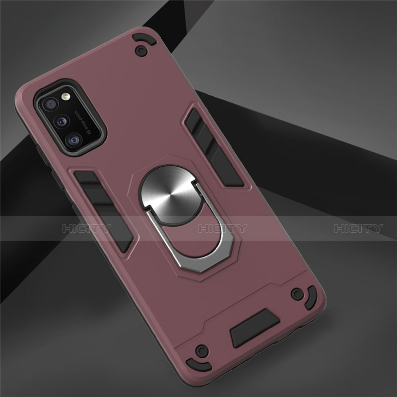 Funda Bumper Silicona y Plastico Mate Carcasa con Magnetico Anillo de dedo Soporte S02 para Samsung Galaxy A41 Rojo Rosa