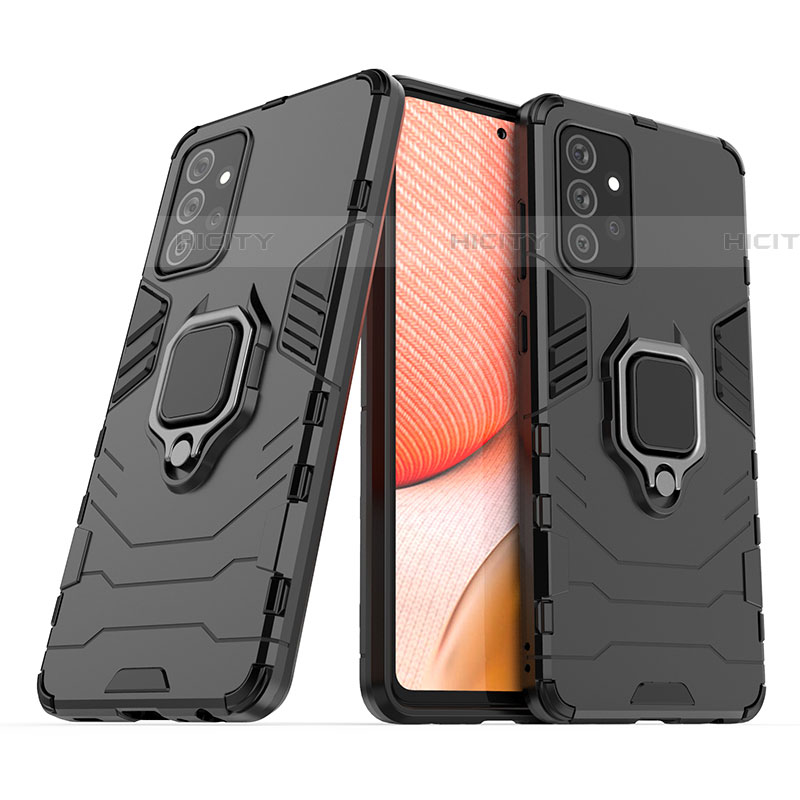 Funda Bumper Silicona y Plastico Mate Carcasa con Magnetico Anillo de dedo Soporte S02 para Samsung Galaxy A72 4G Negro