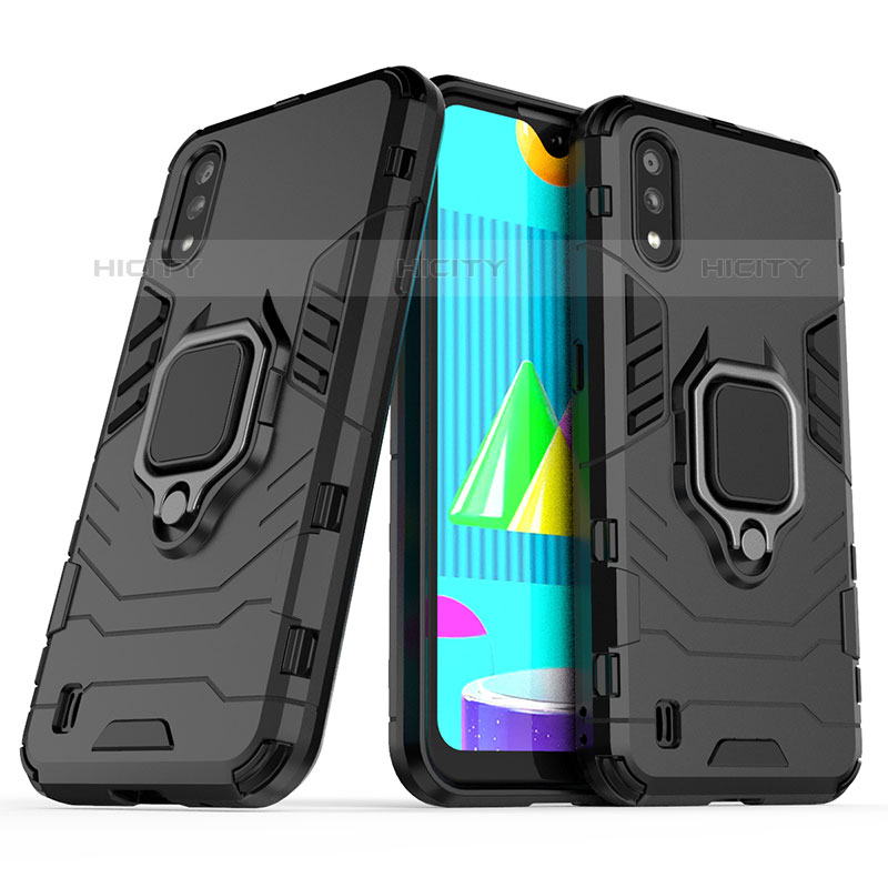 Funda Bumper Silicona y Plastico Mate Carcasa con Magnetico Anillo de dedo Soporte S02 para Samsung Galaxy M01 Negro