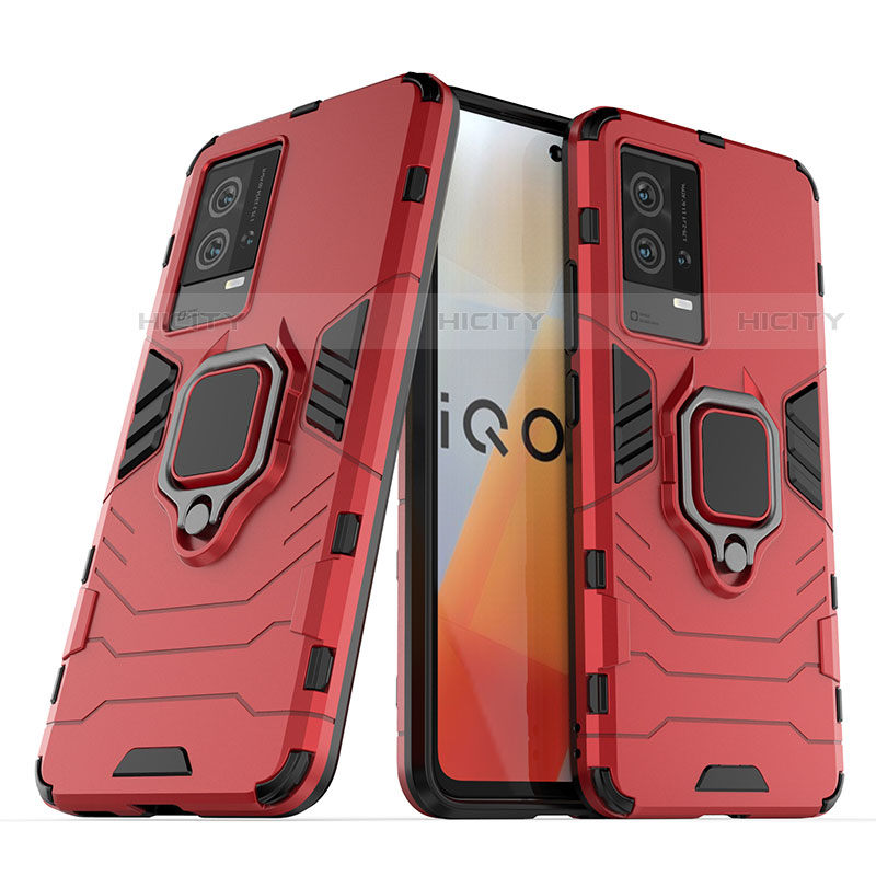 Funda Bumper Silicona y Plastico Mate Carcasa con Magnetico Anillo de dedo Soporte S02 para Vivo iQOO 8 5G Rojo