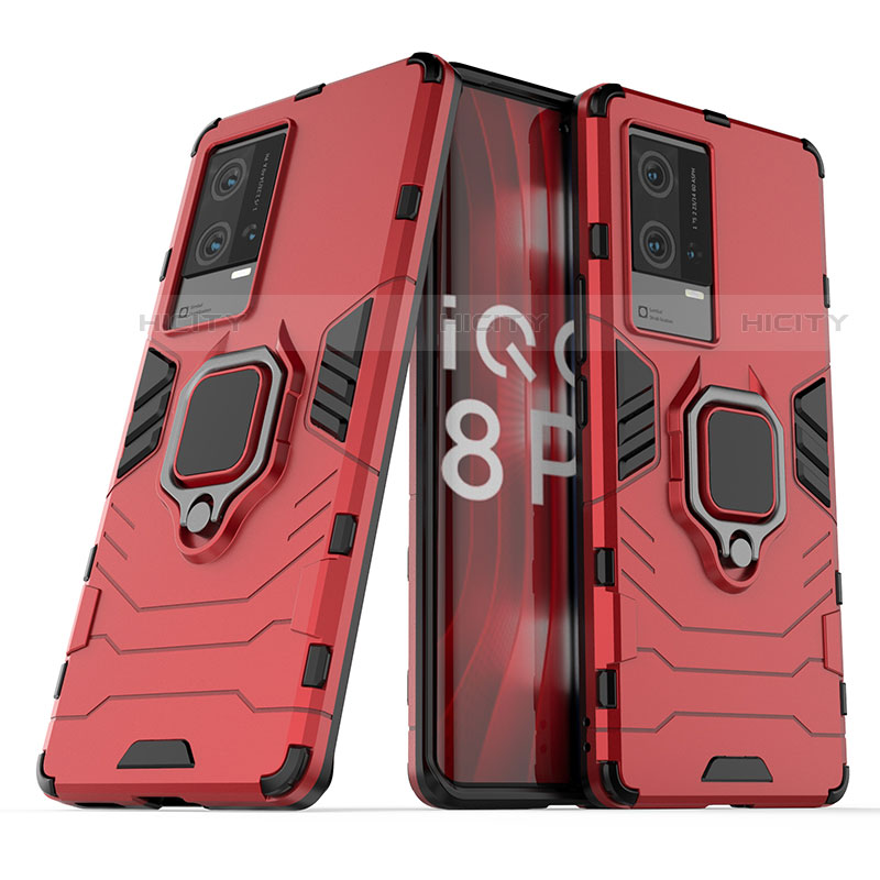 Funda Bumper Silicona y Plastico Mate Carcasa con Magnetico Anillo de dedo Soporte S02 para Vivo iQOO 8 Pro 5G Rojo