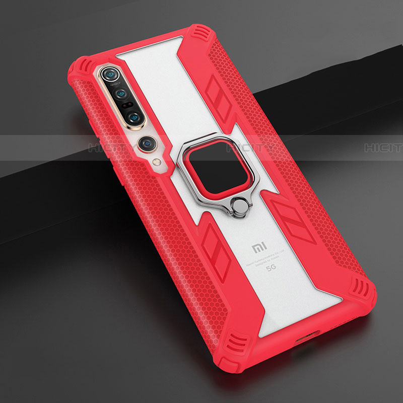 Funda Bumper Silicona y Plastico Mate Carcasa con Magnetico Anillo de dedo Soporte S02 para Xiaomi Mi 10 Pro Rojo