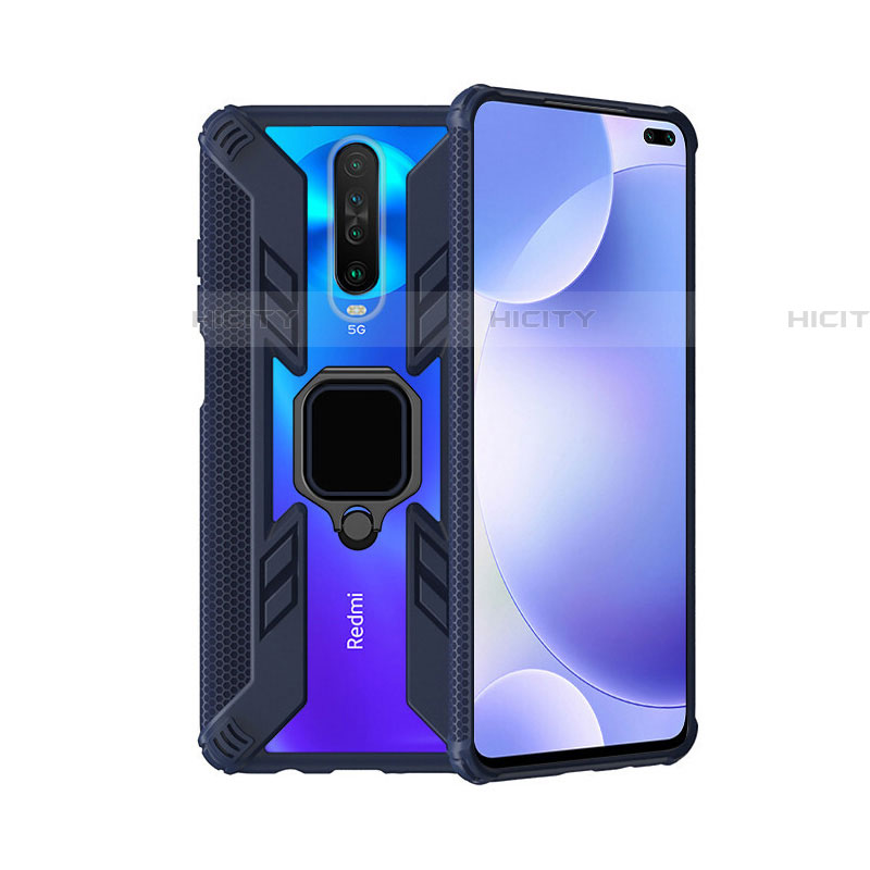 Funda Bumper Silicona y Plastico Mate Carcasa con Magnetico Anillo de dedo Soporte S02 para Xiaomi Poco X2 Azul