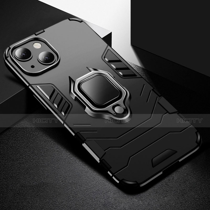 Funda Bumper Silicona y Plastico Mate Carcasa con Magnetico Anillo de dedo Soporte S03 para Apple iPhone 14 Negro