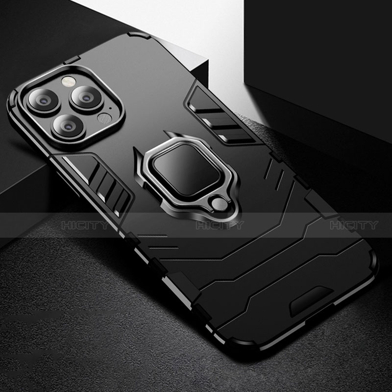 Funda Bumper Silicona y Plastico Mate Carcasa con Magnetico Anillo de dedo Soporte S03 para Apple iPhone 14 Pro Max Negro