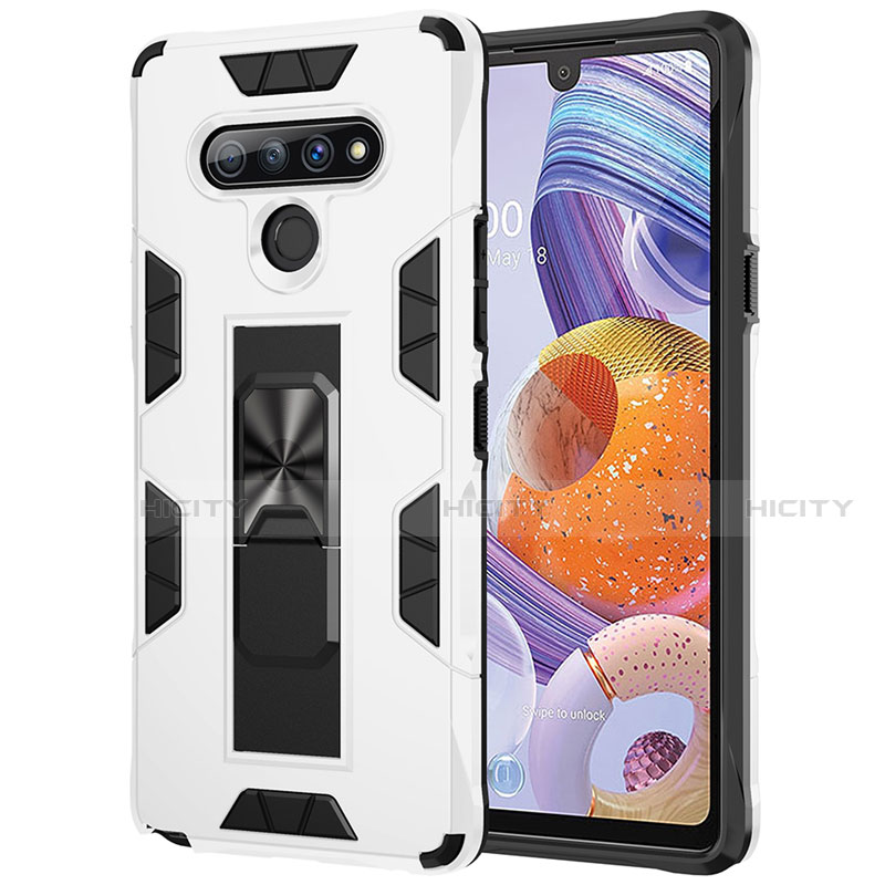 Funda Bumper Silicona y Plastico Mate Carcasa con Magnetico Anillo de dedo Soporte S03 para LG Stylo 6 Blanco