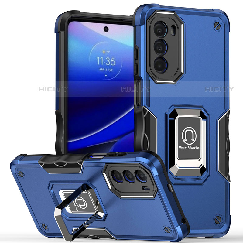 Funda Bumper Silicona y Plastico Mate Carcasa con Magnetico Anillo de dedo Soporte S03 para Motorola MOTO G52 Azul