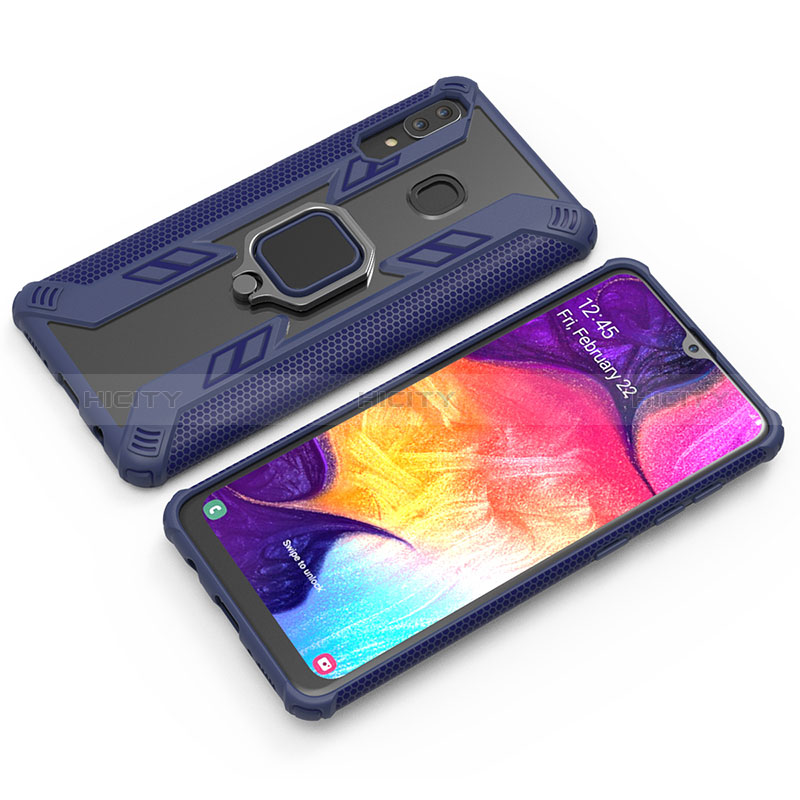 Funda Bumper Silicona y Plastico Mate Carcasa con Magnetico Anillo de dedo Soporte S03 para Samsung Galaxy A20 Azul