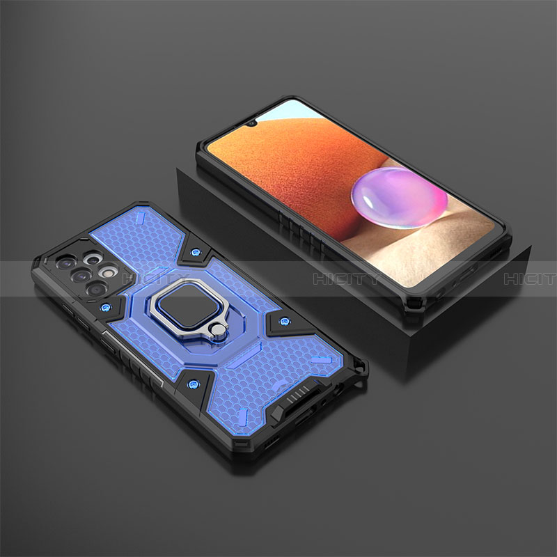 Funda Bumper Silicona y Plastico Mate Carcasa con Magnetico Anillo de dedo Soporte S03 para Samsung Galaxy A32 4G Azul