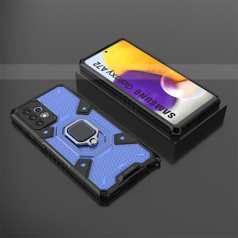 Funda Bumper Silicona y Plastico Mate Carcasa con Magnetico Anillo de dedo Soporte S03 para Samsung Galaxy A72 4G Azul