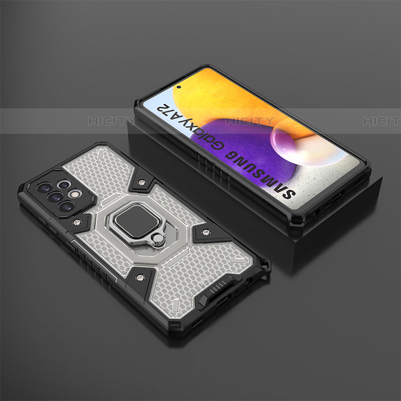 Funda Bumper Silicona y Plastico Mate Carcasa con Magnetico Anillo de dedo Soporte S03 para Samsung Galaxy A72 4G Negro