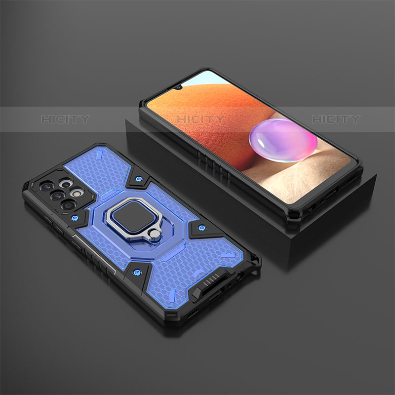 Funda Bumper Silicona y Plastico Mate Carcasa con Magnetico Anillo de dedo Soporte S03 para Samsung Galaxy M32 5G Azul