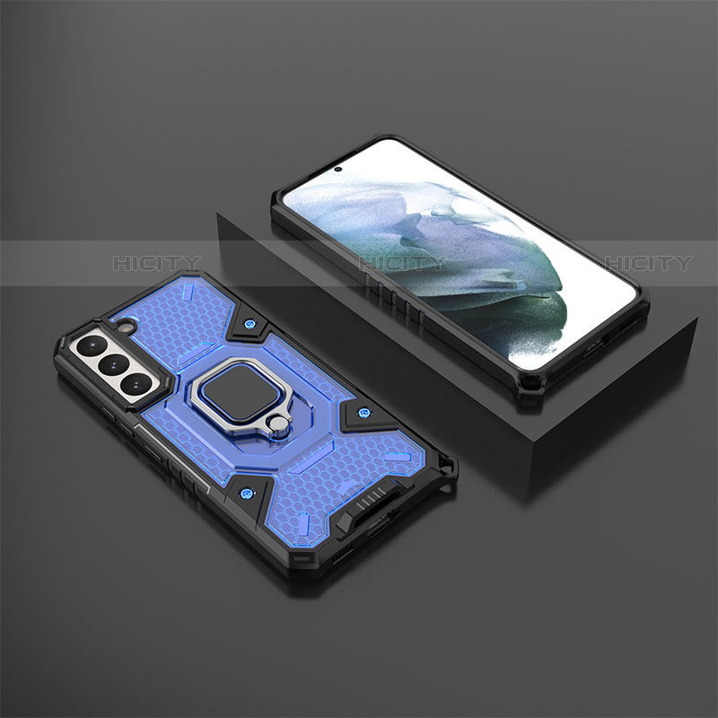 Funda Bumper Silicona y Plastico Mate Carcasa con Magnetico Anillo de dedo Soporte S03 para Samsung Galaxy S21 FE 5G Azul