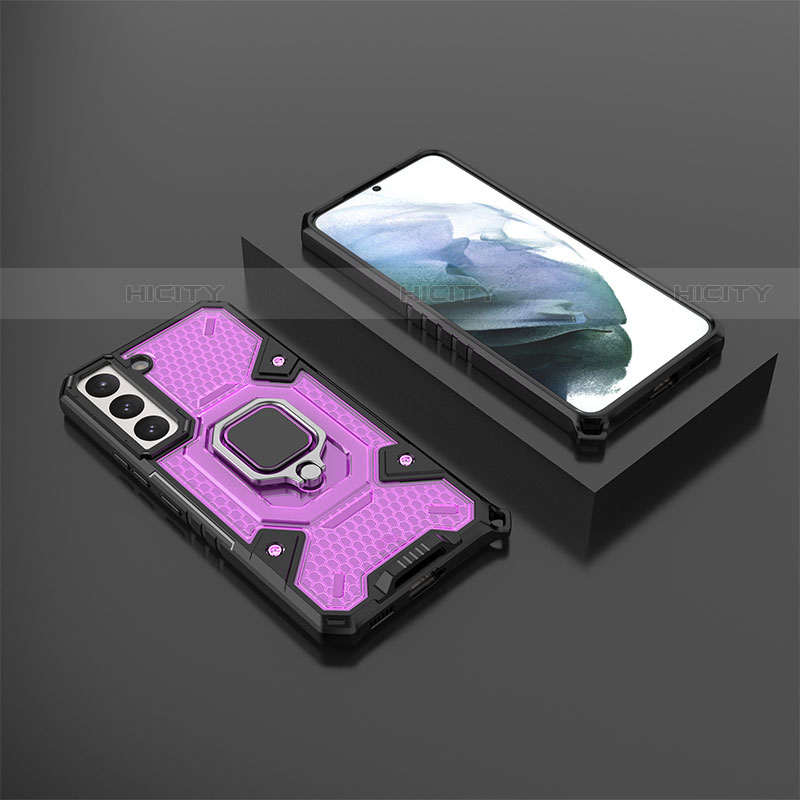 Funda Bumper Silicona y Plastico Mate Carcasa con Magnetico Anillo de dedo Soporte S03 para Samsung Galaxy S22 5G Morado