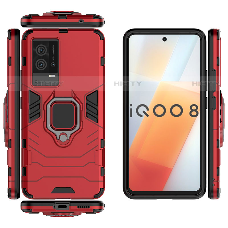 Funda Bumper Silicona y Plastico Mate Carcasa con Magnetico Anillo de dedo Soporte S03 para Vivo iQOO 8 5G Rojo