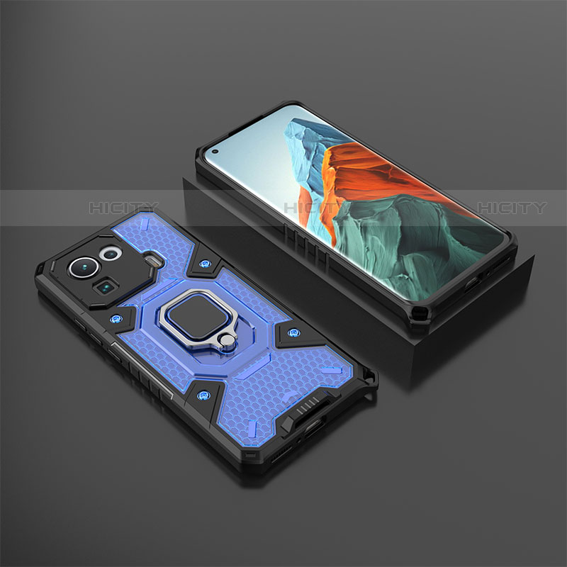 Funda Bumper Silicona y Plastico Mate Carcasa con Magnetico Anillo de dedo Soporte S03 para Xiaomi Mi 11 Pro 5G Azul