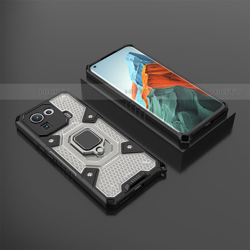 Funda Bumper Silicona y Plastico Mate Carcasa con Magnetico Anillo de dedo Soporte S03 para Xiaomi Mi 11 Pro 5G Negro