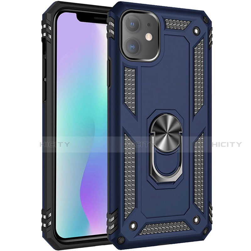 Funda Bumper Silicona y Plastico Mate Carcasa con Magnetico Anillo de dedo Soporte S04 para Apple iPhone 11 Azul