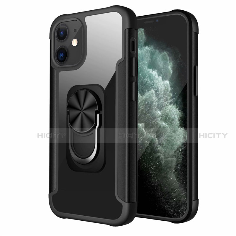 Funda Bumper Silicona y Plastico Mate Carcasa con Magnetico Anillo de dedo Soporte S04 para Apple iPhone 12 Negro