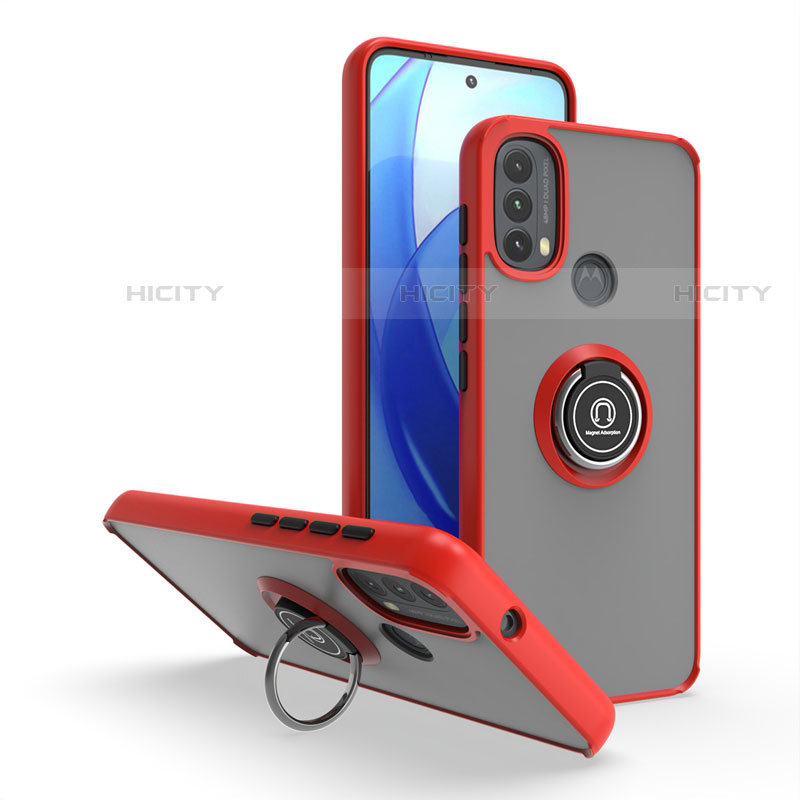 Funda Bumper Silicona y Plastico Mate Carcasa con Magnetico Anillo de dedo Soporte S04 para Motorola Moto E20 Rojo