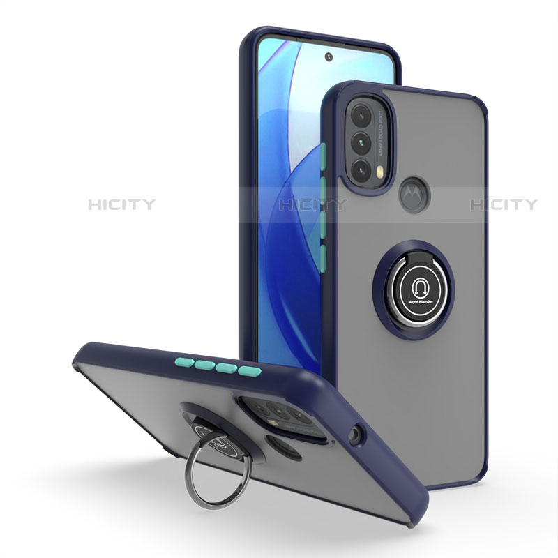 Funda Bumper Silicona y Plastico Mate Carcasa con Magnetico Anillo de dedo Soporte S04 para Motorola Moto E30 Azul